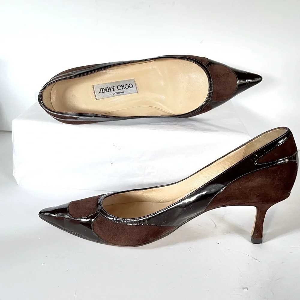 Jimmy Choo brown suede patent leather kitten heels 37.5